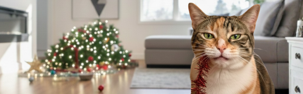 Gato y árbol de Navidad